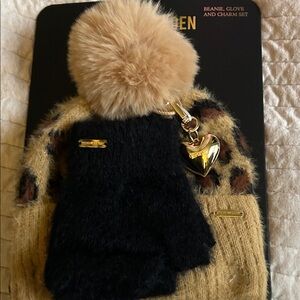 Leopard Print Beanie, Gloves, and Charm Set